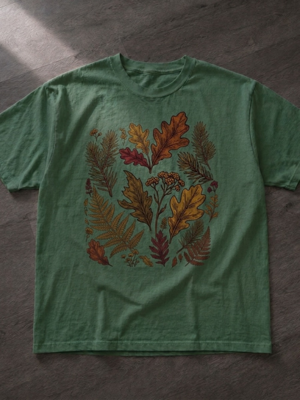 Military Green Tee with Autumn Leaf Botanical Graphic Size M